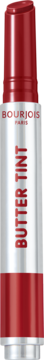 Czerwony BOURJOIS Butter Tint masełko do ust z tintem, otwarty sztyft w srebrnej tubce, widok z przodu.