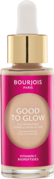 BOURJOIS Good to Glow rozświetlacz 01 w butelce z zakraplaczem, fuksjowa etykieta, widok z przodu.
