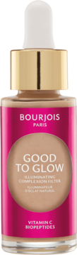 BOURJOIS Good to Glow rozświetlacz nr 03 z witaminą C, szklana butelka z pipetą, różowa etykieta i złota zakrętka.