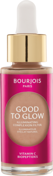 BOURJOIS Good to Glow podkład rozświetlający z witaminą C, szklana butelka z pipetą, widok z przodu.