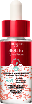 Bourjois Healthy Mix Serum Primer, rozświetlająca baza z witaminą C i niacynamidem. Szklana butelka z czerwoną pipetą, widok z przodu.