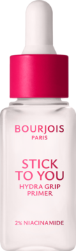 BOURJOIS Stick to You Hydra Grip Primer, nawilżająca baza 2% niacynamid, przezroczysta butelka, różowy dropper.