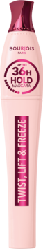 BOURJOIS Twist, Lift & Freeze podkręcający tusz do rzęs. Jasnoróżowa tubka, '36H HOLD' w okręgu, widok z przodu.