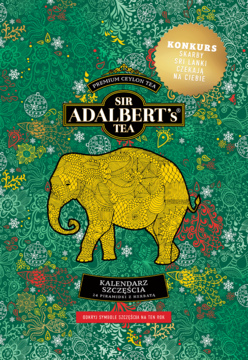 Adwentowy Kalendarz Szczęścia Sir Adalbert's Tea: zielone opakowanie herbaty ze złotym słoniem i wzorami.