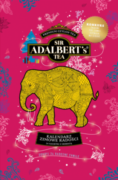 Sir Adalbert's Tea Zimowe Radości, kalendarz adwentowy z cejlońską herbatą, różowe opakowanie ze złotym słoniem.