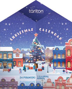 Tarlton Christmas Calendar, świąteczny kalendarz z herbatą, zimowe miasteczko, niebieskie tło, widok z przodu.