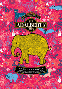 Sir Adalbert's Tea Magiczna Chwila, zestaw herbat z żółtym słoniem na kwiecistym, różowym tle.