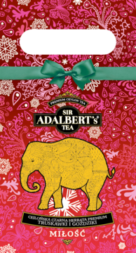 Czerwone opakowanie herbaty Sir Adalbert's Premium Ceylon Miłość, truskawkowa z goździkami i złotym słoniem.