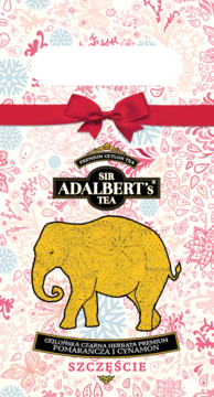 Sir Adalbert's Szczęście: czarna herbata cejlońska premium, pomarańcza, cynamon. Złoty słoń, florystyczne tło, czerwona wstążka.