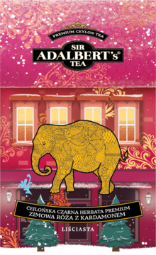 Sir Adalbert's PREMIUM czarna herbata cejlońska ZIMOWA RÓŻA, w różowym pudełku-domku ze złotym słoniem.