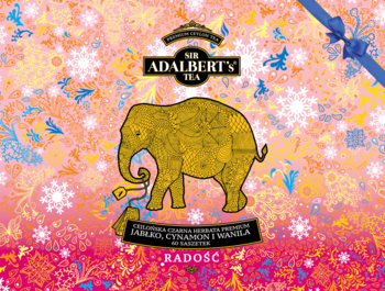 Świąteczne opakowanie herbaty Sir Adalbert's Tea Radość, czarna herbata szarlotka, złoty słoń, białe płatki śniegu.