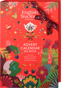 Czerwony kalendarz adwentowy English Tea Shop Organic Tea Book z motywem świątecznym i czerwoną kokardą, widok z przodu.