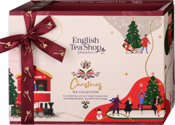 English Tea Shop Organic Christmas Tea Collection, zestaw 12 piramidek, czerwono-białe pudełko z kokardą.