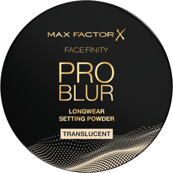 Max Factor Pro Blur Translucent Setting Powder, czarny okrągły puder utrwalający ze złotym napisem i falistym wzorem, z góry.