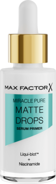 Max Factor Miracle Pure Matte Drops Serum Primer, biała butelka z zakraplaczem i złotą obwódką, turkusowa etykieta.