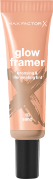 Max Factor Glow Framer lekki podkład tint, odcień 10 sand w brzoskwiniowej tubce, widok z przodu.