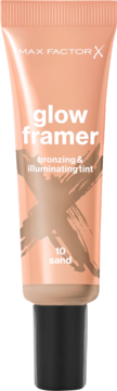 Max Factor Glow Framer lekki podkład tint, odcień 10 sand w brzoskwiniowej tubce, widok z przodu.
