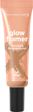 Max Factor Glow Framer 30 Hazel, brzoskwiniowy tint brązująco-rozświetlający w tubce z grafiką X, widok z przodu.