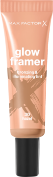 Max Factor Glow Framer 30 Hazel, brzoskwiniowy tint brązująco-rozświetlający w tubce z grafiką X, widok z przodu.