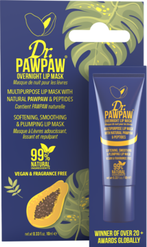 Maska do ust na noc Dr. PawPaw w ciemnoniebieskim pudełku i tubce z ilustracją papai, 99% naturalna, z peptydami.