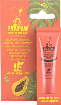 Dr. PawPaw Tinted True Coral Balm, wielozadaniowy balsam koloryzujący 98% naturalny, widok opakowania i tubki.