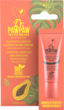 Dr. PawPaw Tinted True Coral Balm, wielozadaniowy balsam koloryzujący 98% naturalny, widok opakowania i tubki.