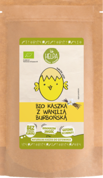 Front brązowej torebki Bio Kaszki Helpa z wanilią burbońską, bez cukru, z rysunkiem kurczaka.