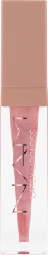 NAM Latex Lipgloss w przezroczystej tubce, różowo-nude, z beżową zakrętką, widok z przodu.