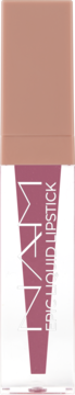 NAM Epic Liquid Lipstick Mauve Petal, płynna pomadka demi-matte w przezroczystym opakowaniu, widok z przodu.