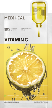 Mediheal Vitamin C Essential Mask, białe opakowanie z plastrem cytrusa i ampułką rozjaśniającą, przód.