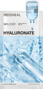 Mediheal Hyaluronate Mask Ultra Hydration, białe opakowanie z kroplówką i ampułką w wodzie, zbliżenie.
