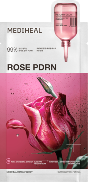 Mediheal Rose PDRN Essential Mask w płachcie, przód opakowania z różową różą i kroplami wody.