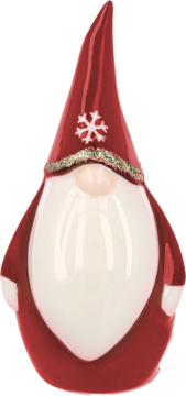 Ozdobny krasnal świąteczny z czerwoną czapką ze śnieżynką i brokatem, biała ceramiczna broda, widok z przodu.