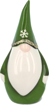 Zielony ceramiczny krasnal z białą brodą, w spiczastej czapce ze śnieżynką i złotym brokatem, widok z przodu.