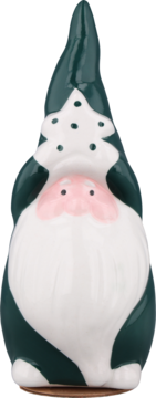 Ceramiczny krasnal solniczka, zielono-biały, z różową twarzą i kapeluszem z motywem choinki.