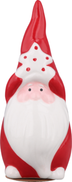 Świąteczna ceramiczna figurka Mikołaja z białą brodą i stożkową, czerwoną czapką z choinkowym wzorem, widok z przodu.