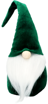 Pluszowy zielony gnom świąteczny z długą, białą brodą, drewnianym nosem i zagiętą czapką, widok z przodu.
