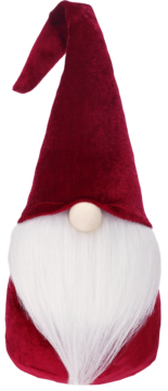Gnom świąteczny w czerwonej, aksamitnej czapce, z długą białą brodą i beżowym noskiem, widok z przodu.