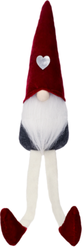 Uroczy świąteczny gnom w czerwonej stożkowej czapce z sercem, białą brodą i wiszącymi nogami.