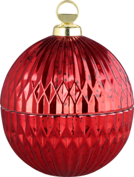 Czerwona, błyszcząca bombka świąteczna z geometrycznymi żłobieniami i ciemnymi plamkami, złotą zawieszką.