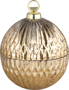 Złoty świecznik kula w kształcie bombki, z błyszczącą, teksturowaną powierzchnią, widok z przodu.