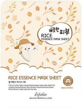 Nawilżająca maska w płachcie Esfolio Rice Essence Mask Sheet, beżowe opakowanie z ryżowym motywem, widok z przodu.
