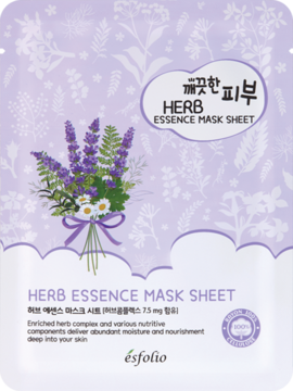 Jasnofioletowa maska w płachcie Esfolio Herb Essence Lavender, widok z przodu, z grafiką lawendy i ziół.