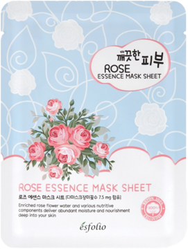 Esfolio Rose Essence Mask Sheet w błękitno-białym opakowaniu z bukietem róż, widok z przodu. Kojąca maska.