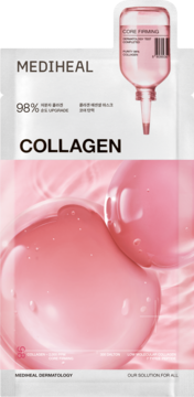 Mediheal Collagen, ujędrniająca maska w płachcie, biało-różowe opakowanie z grafiką kroplówki, widok z przodu.