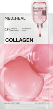 Mediheal Collagen, ujędrniająca maska w płachcie, biało-różowe opakowanie z grafiką kroplówki, widok z przodu.