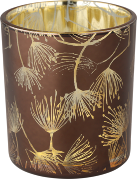 Cylindryczny, brązowy szklany świecznik votive ze złotymi, delikatnymi wzorami roślinnymi i lśniącym wnętrzem.