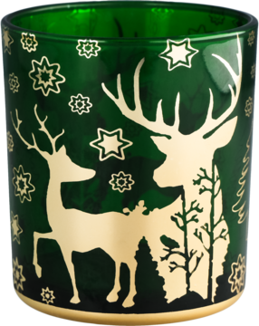 Ciemnozielony szklany świecznik walcowy ze złotymi, świątecznymi reniferami i gwiazdkami, widok z przodu.