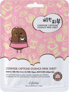 Esfolio Ceramide Caffeine Essence Mask Sheet, różowa saszetka z rysunkiem ziarna kawy, widok z przodu.