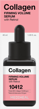 Serum Mediheal Collagen Firming Volume z Retinolem, różowe opakowanie, częściowo widoczna czarna butelka z pipetą.